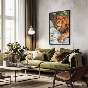 Tablou înramat „Animal Watercolor Art Lion Sleeping” de Justyna Jaszke