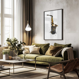 Tablou înramat „Black and Gold Music Art Saxophone” de Justyna Jaszke