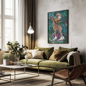 Tablou înramat „Tropical Floral Jungle - Giraffe rollerskating” de Sarah Manovski