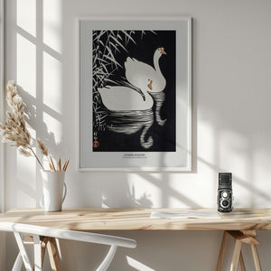 Tablou înramat „White Chinese Geese Swimming by Reeds” de Ohara Koson