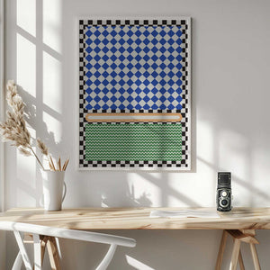 Tablou înramat „Geometric Pattern With Blue And White Diamonds” de Little Dean