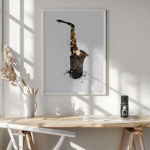 Tablou înramat „Black and Gold Music Art Saxophone” de Justyna Jaszke
