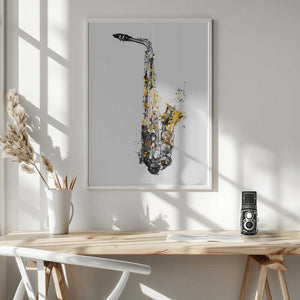 Tablou înramat „Black and Gold Music Art Saxophone Instrument” de Justyna Jaszke