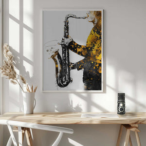 Tablou înramat „Black and Gold Music Art Saxophone2” de Justyna Jaszke