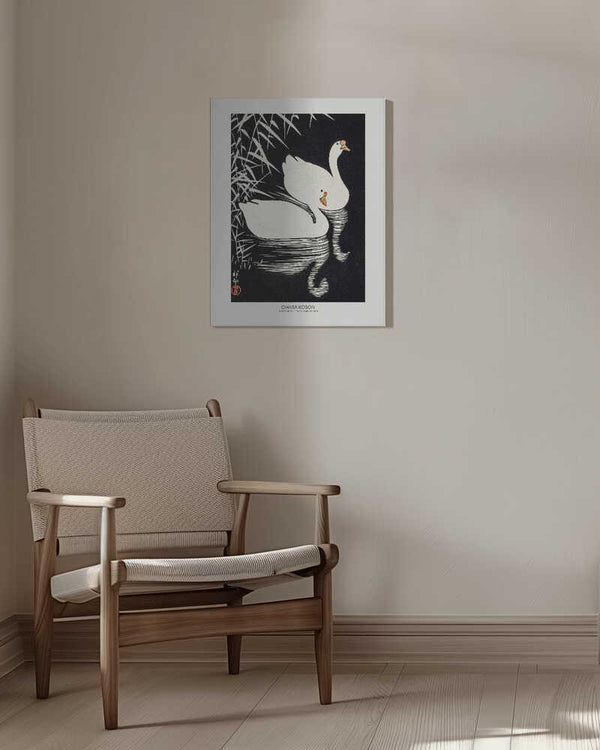 Tablou canvas „White Chinese Geese Swimming by Reeds” de Ohara Koson