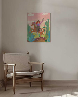 Tablou canvas „Cowgirl on horse in the desert” de Caroline Bonne Müller