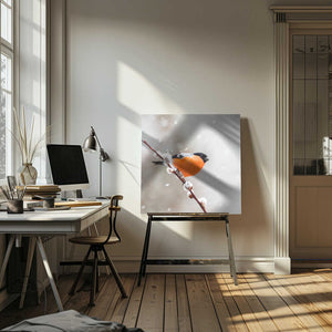 Tablou canvas „Bullfinch in a snowstorm.” de Annie Keizer