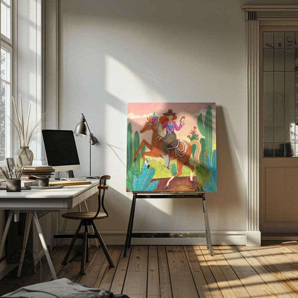 Tablou canvas „Cowgirl on horse in the desert” de Caroline Bonne Müller