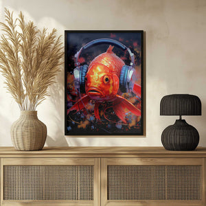 Tablou înramat „Gold Fish With Headphones animal” de Justyna Jaszke