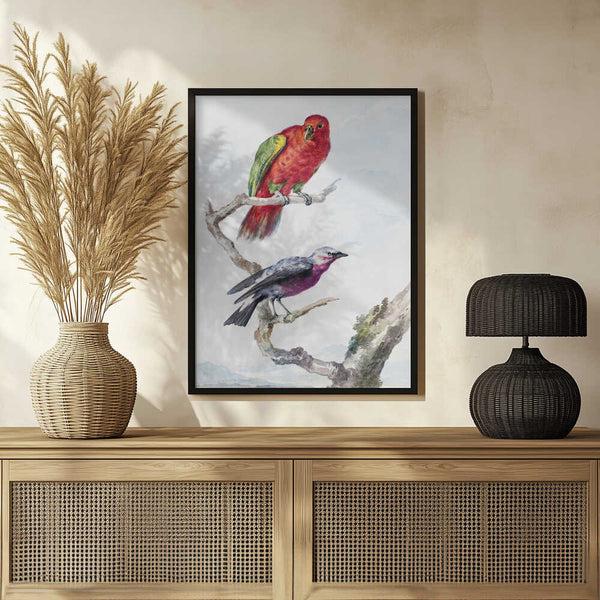 Tablou înramat „Two Birds, Including a Red Green Parrot” de Aert Schouman