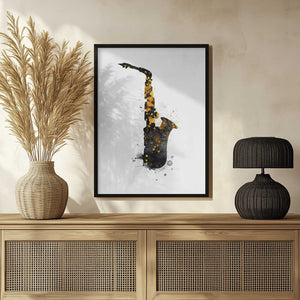 Tablou înramat „Black and Gold Music Art Saxophone” de Justyna Jaszke