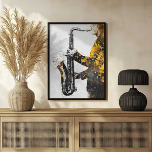 Tablou înramat „Black and Gold Music Art Saxophone2” de Justyna Jaszke
