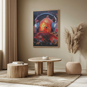 Tablou înramat „Gold Fish With Headphones animal” de Justyna Jaszke