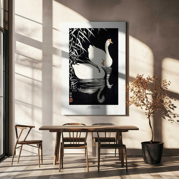 Tablou canvas „White Chinese Geese Swimming by Reeds” de Ohara Koson