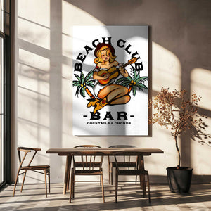 Tablou canvas „Beach Club Bar. Sailor Jerry Style Pin-up Girl Playing Guitar” de The Whiskey Ginger
