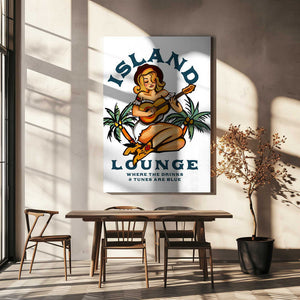 Tablou canvas „Island Lounge Tropical Pin Up Girl Playing Guitar” de The Whiskey Ginger