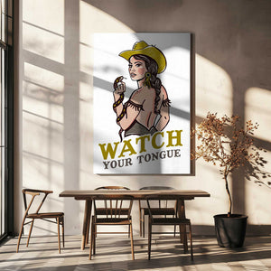 Tablou canvas „Watch Your Tongue Badass Pin-Up Cowgirl &amp; Rattlesnake” de The Whiskey Ginger