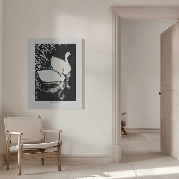 Tablou canvas „White Chinese Geese Swimming by Reeds” de Ohara Koson