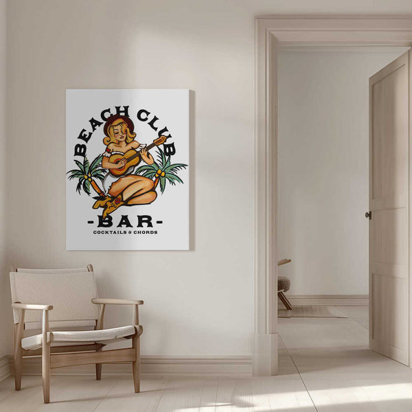 Tablou canvas „Beach Club Bar. Sailor Jerry Style Pin-up Girl Playing Guitar” de The Whiskey Ginger