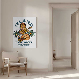 Tablou canvas „Island Lounge Tropical Pin Up Girl Playing Guitar” de The Whiskey Ginger