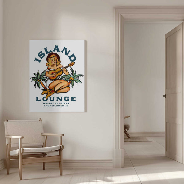 Tablou canvas „Island Lounge Tropical Pin Up Girl Playing Guitar” de The Whiskey Ginger