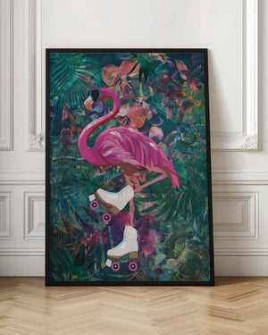 Tablou înramat „Tropical Floral Jungle - FLamingo rollerskating” de Sarah Manovski