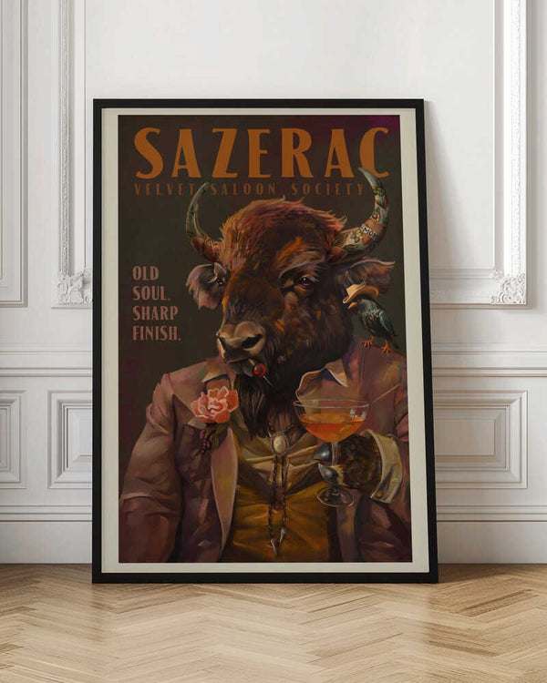 Tablou înramat „Buffalo Drinking Sazerac Cocktail. Alcohol &amp; Liquor Bar Art” de The Whiskey Ginger