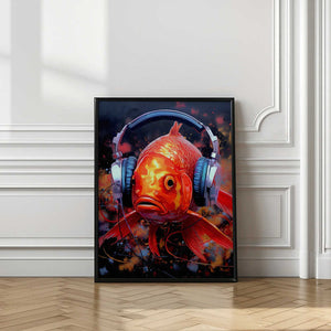 Tablou înramat „Gold Fish With Headphones animal” de Justyna Jaszke