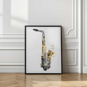 Tablou înramat „Black and Gold Music Art Saxophone Instrument” de Justyna Jaszke