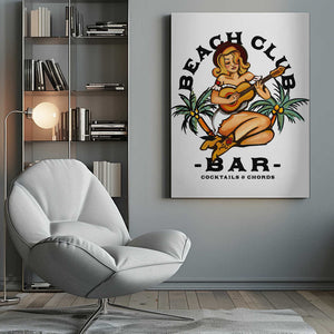 Tablou canvas „Beach Club Bar. Sailor Jerry Style Pin-up Girl Playing Guitar” de The Whiskey Ginger