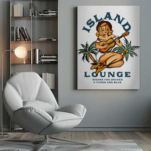 Tablou canvas „Island Lounge Tropical Pin Up Girl Playing Guitar” de The Whiskey Ginger