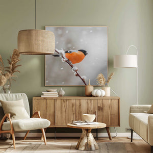 Tablou canvas „Bullfinch in a snowstorm.” de Annie Keizer