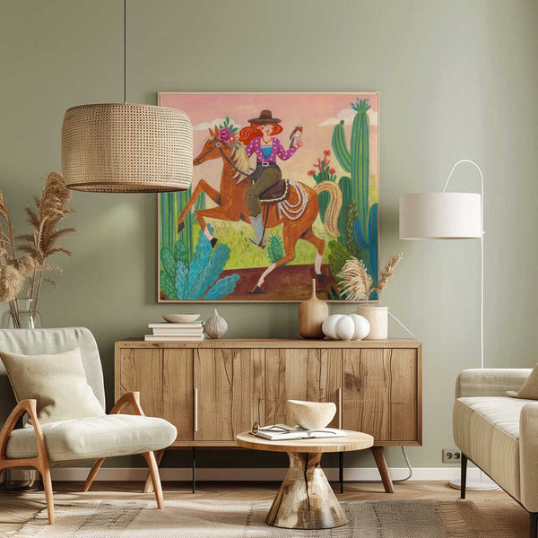 Tablou canvas „Cowgirl on horse in the desert” de Caroline Bonne Müller