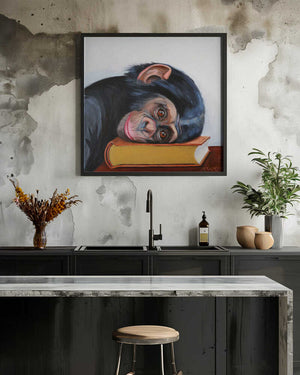 Tablou înramat „Resting Monkey Head On A Book” de Violeta Vollmer