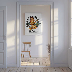 Tablou canvas „Beach Club Bar. Sailor Jerry Style Pin-up Girl Playing Guitar” de The Whiskey Ginger