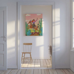 Tablou canvas „Cowgirl on horse in the desert” de Caroline Bonne Müller