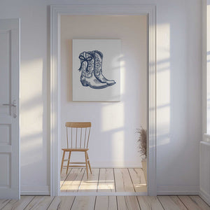 Tablou canvas „Navy Blue Cowgirl Boots with Bow” de Jolly and Dash