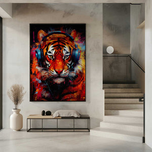Tablou înramat „Tiger With Headphones animal” de Justyna Jaszke