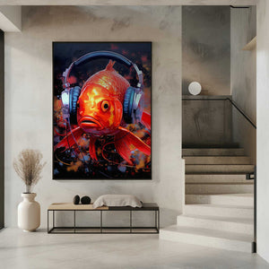 Tablou înramat „Gold Fish With Headphones animal” de Justyna Jaszke