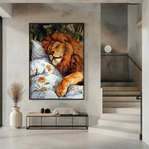 Tablou înramat „Animal Watercolor Art Lion Sleeping” de Justyna Jaszke