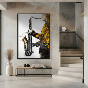 Tablou înramat „Black and Gold Music Art Saxophone2” de Justyna Jaszke