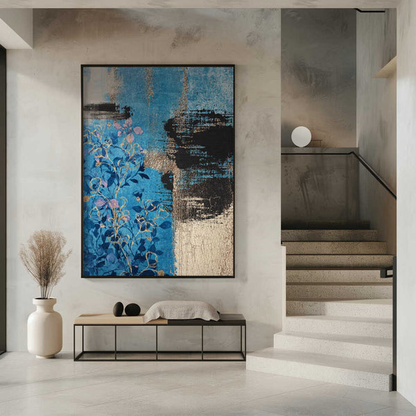 Tablou înramat „Denim Floral 1” de Sally Ann Moss