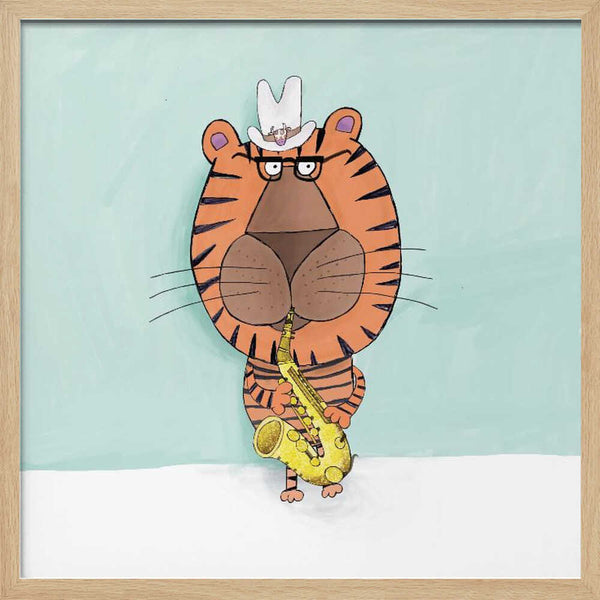 Tablou înramat „Tiger Saxophone Player with Cowboy Hat by Artist Carla Daly” de Carla Daly