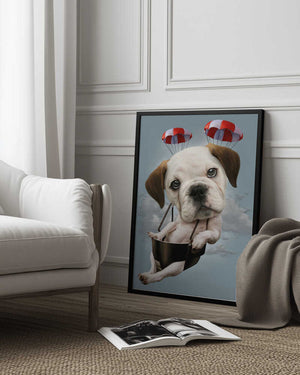 Tablou înramat „puppy on parachute” de Adam Lawless
