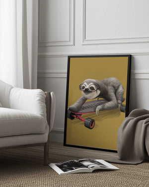 Tablou înramat „sloth on skateboard” de Adam Lawless