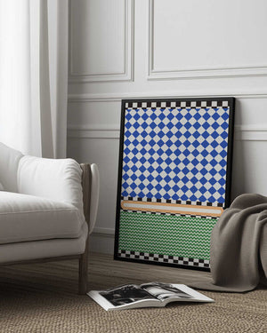 Tablou înramat „Geometric Pattern With Blue And White Diamonds” de Little Dean