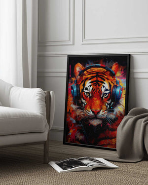 Tablou înramat „Tiger With Headphones animal” de Justyna Jaszke