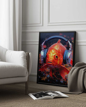 Tablou înramat „Gold Fish With Headphones animal” de Justyna Jaszke