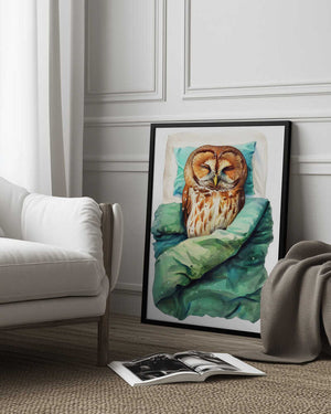 Tablou înramat „Animal Watercolor Art Bird Sleeping Owl” de Justyna Jaszke