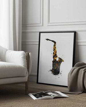 Tablou înramat „Black and Gold Music Art Saxophone” de Justyna Jaszke
